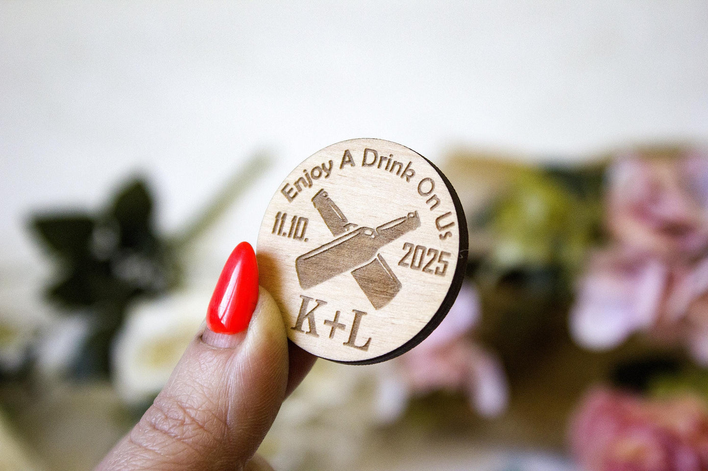 Personalized Wooden Drink Tokens: Engraved Wedding Bar Chips