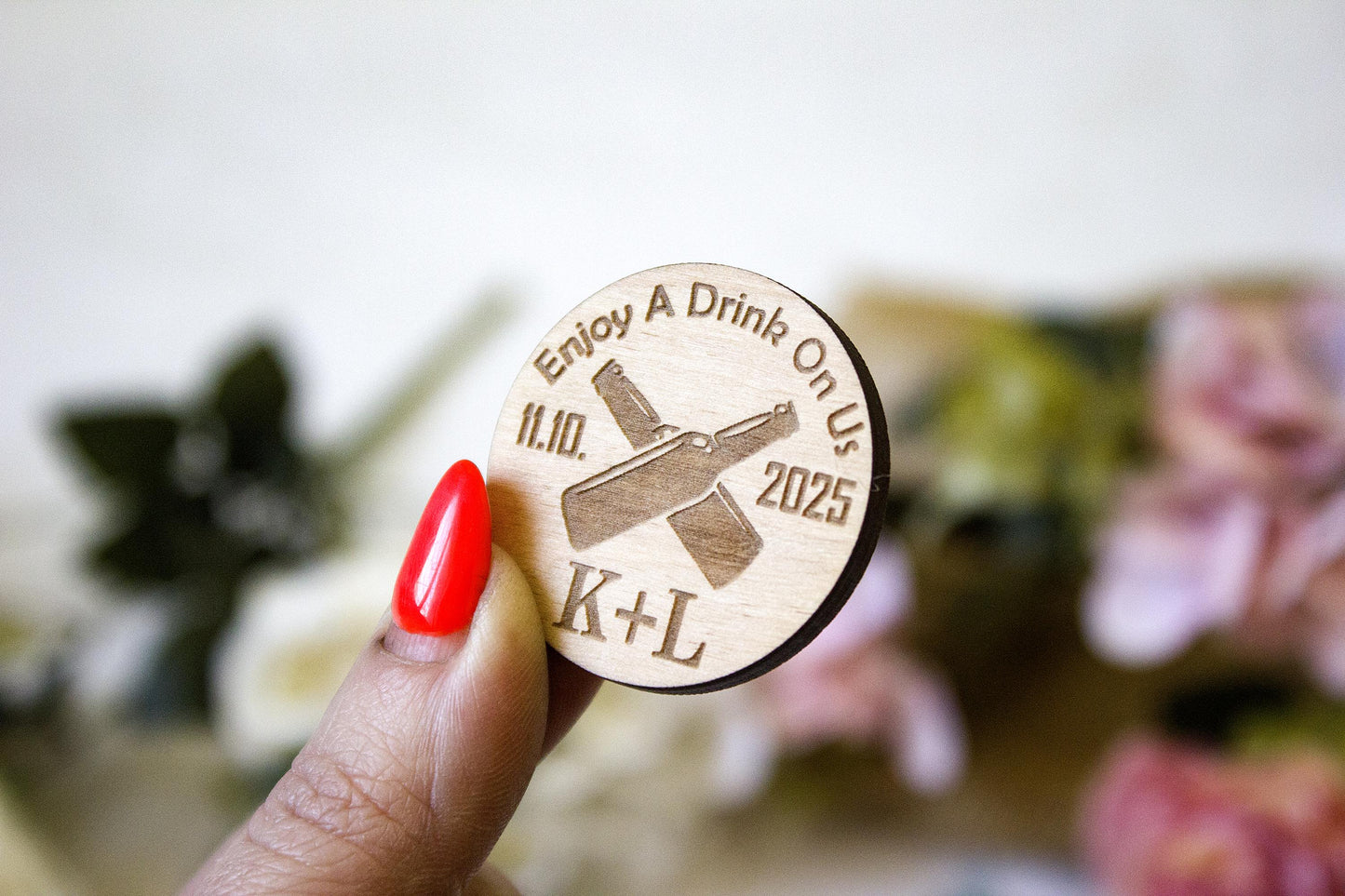 Personalized Wooden Drink Tokens: Engraved Wedding Bar Chips