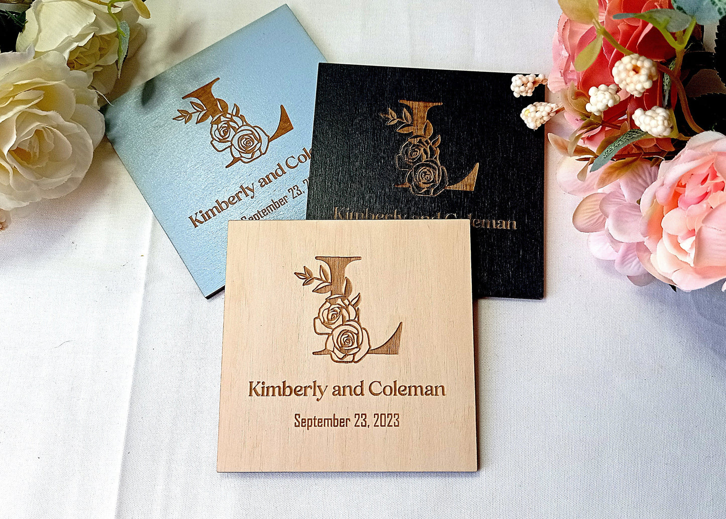 Custom Wooden Wedding Coaster Favors, Rustic Leaf Design