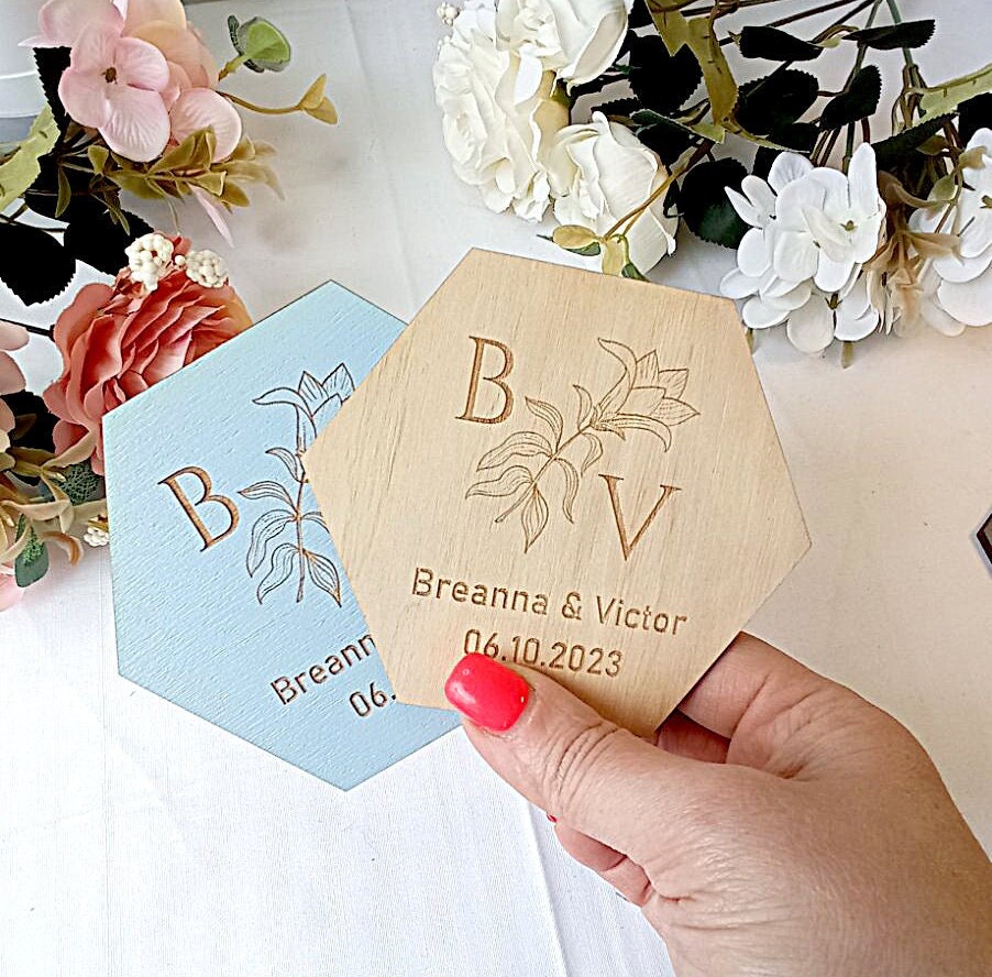 Personalized Wedding Coasters, Engraved Wooden Favors, Rustic Decor