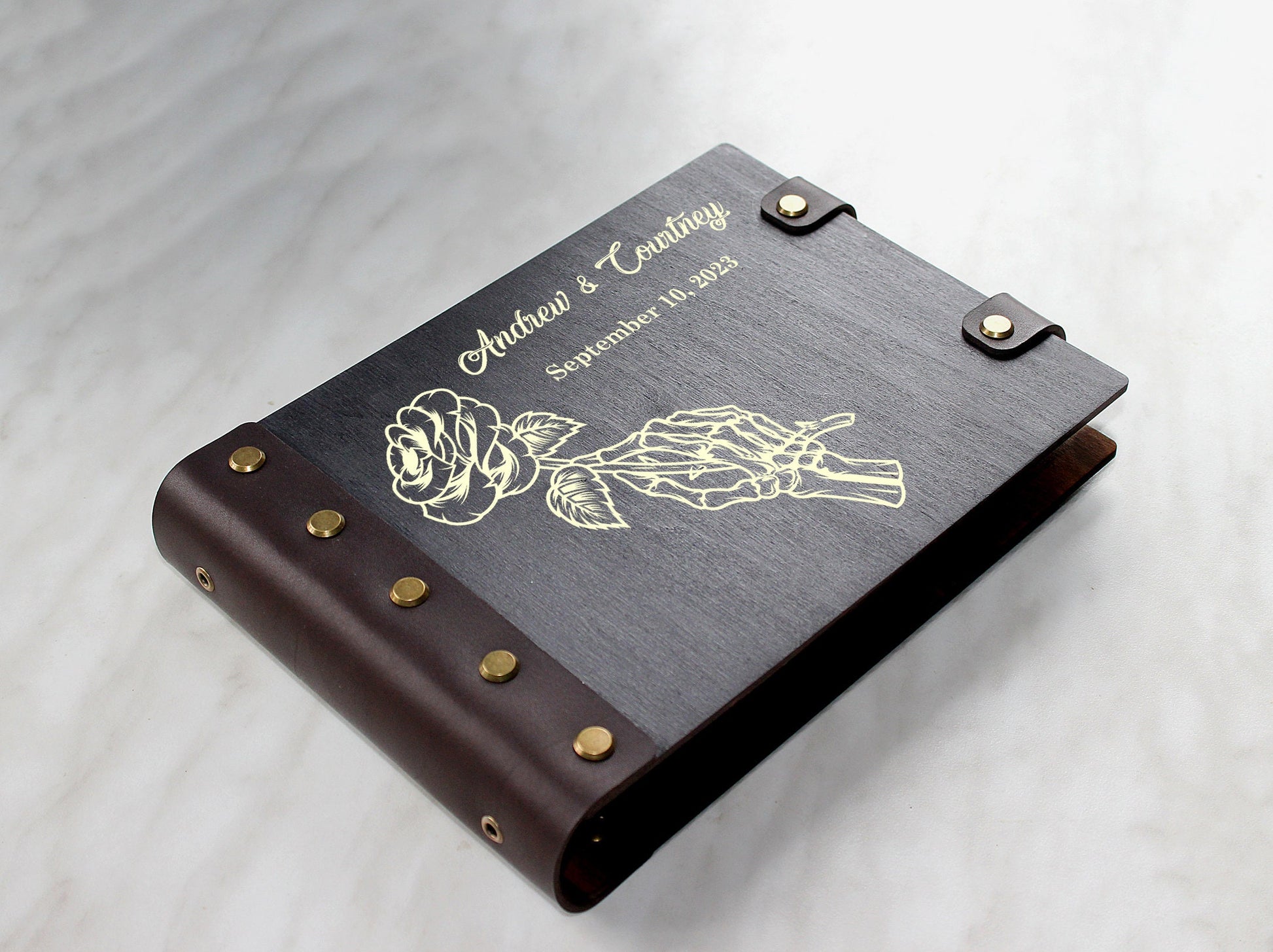 Black Gothic Wedding Guest Book, Personalized Wooden Photo GuestBook, Halloween Rustic Keepsake, Skeleton Decor