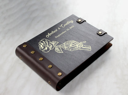 Black Gothic Wedding Guest Book, Personalized Wooden Photo GuestBook, Halloween Rustic Keepsake, Skeleton Decor