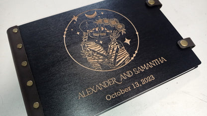 Black Gothic Wedding Guest Book, Personalized Wooden Photo GuestBook, Halloween Rustic Keepsake, Skeleton Decor