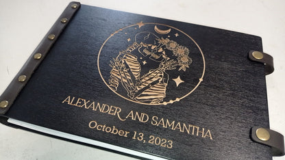 Black Gothic Wedding Guest Book, Personalized Wooden Photo GuestBook, Halloween Rustic Keepsake, Skeleton Decor