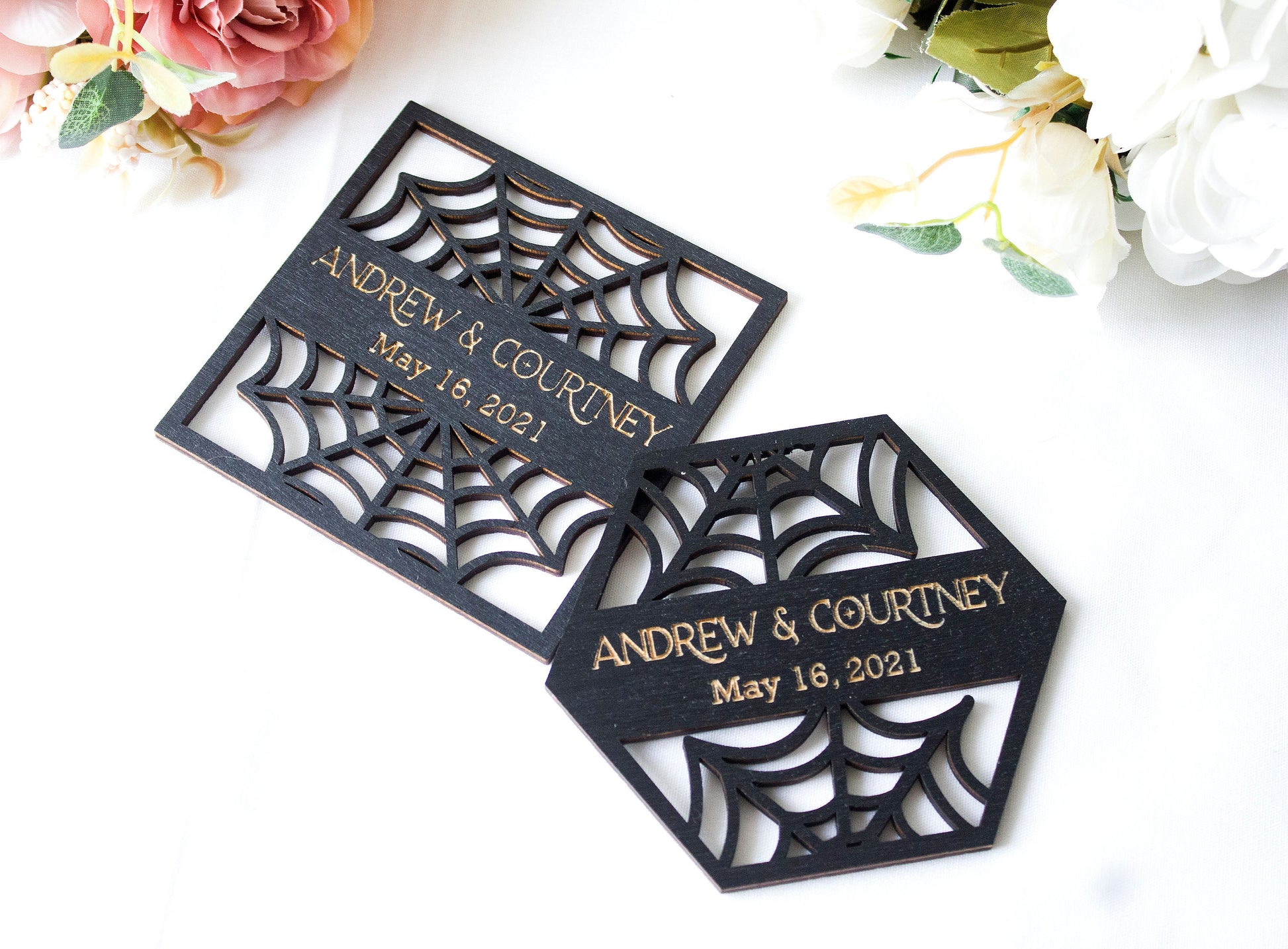 Black Gothic Wedding Coaster Favors, Spiderweb Decor