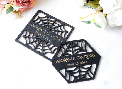 Black Gothic Wedding Coaster Favors, Spiderweb Decor