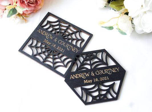 Black Gothic Wedding Coaster Favors, Spiderweb Decor