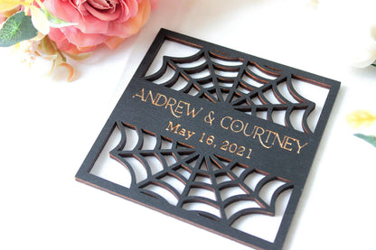 Black Gothic Wedding Coaster Favors, Spiderweb Decor