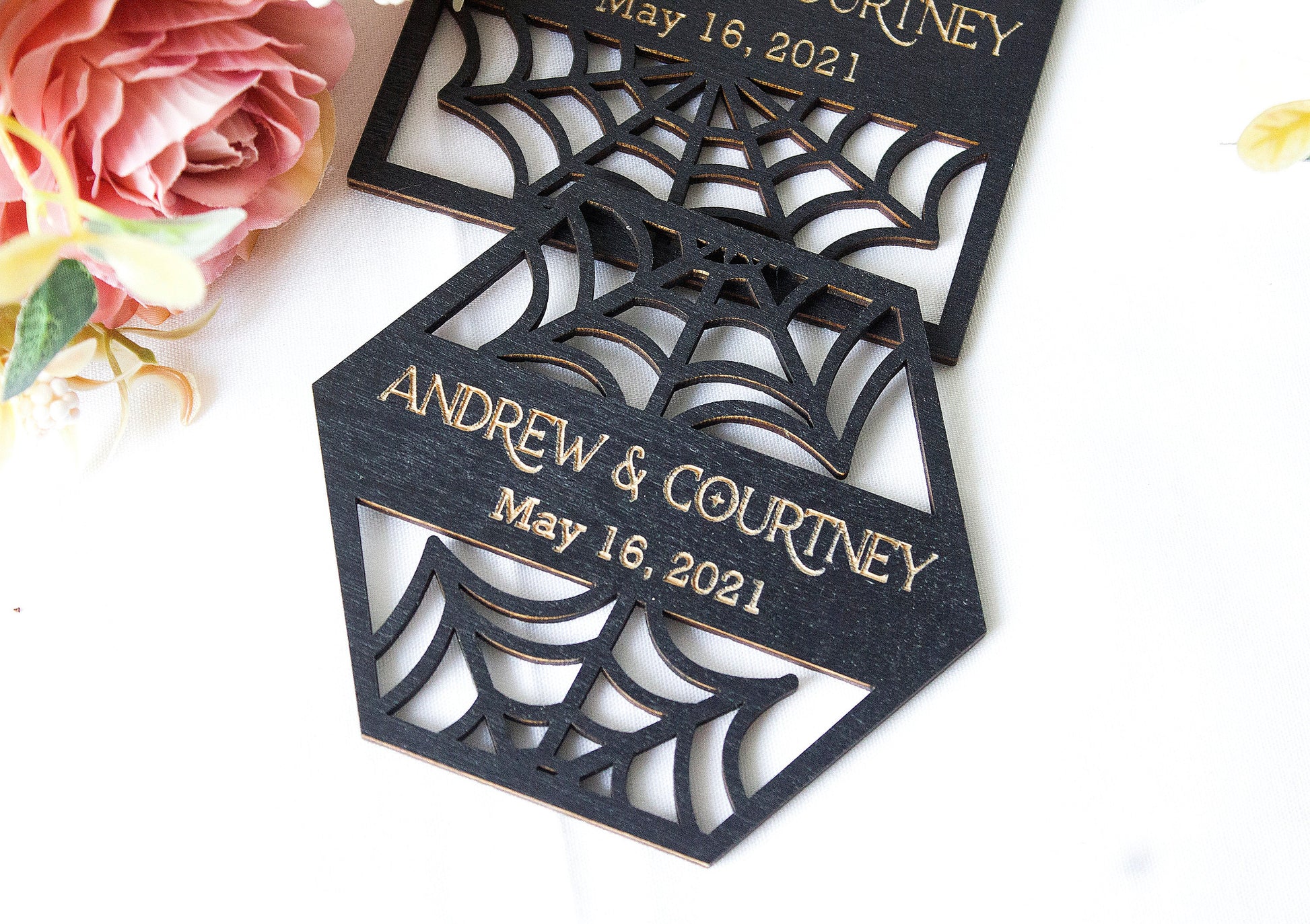 Black Gothic Wedding Coaster Favors, Spiderweb Decor