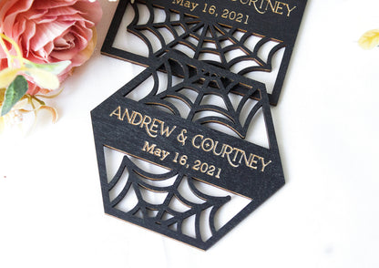 Black Gothic Wedding Coaster Favors, Spiderweb Decor
