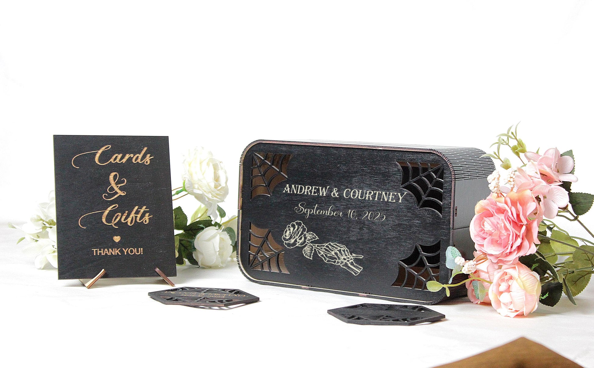 Gothic Wedding Card Box, Memory Box for Cards and Envelopes, Wooden Halloween Decor, Personalized Keepsake Box, Gift for Couple
