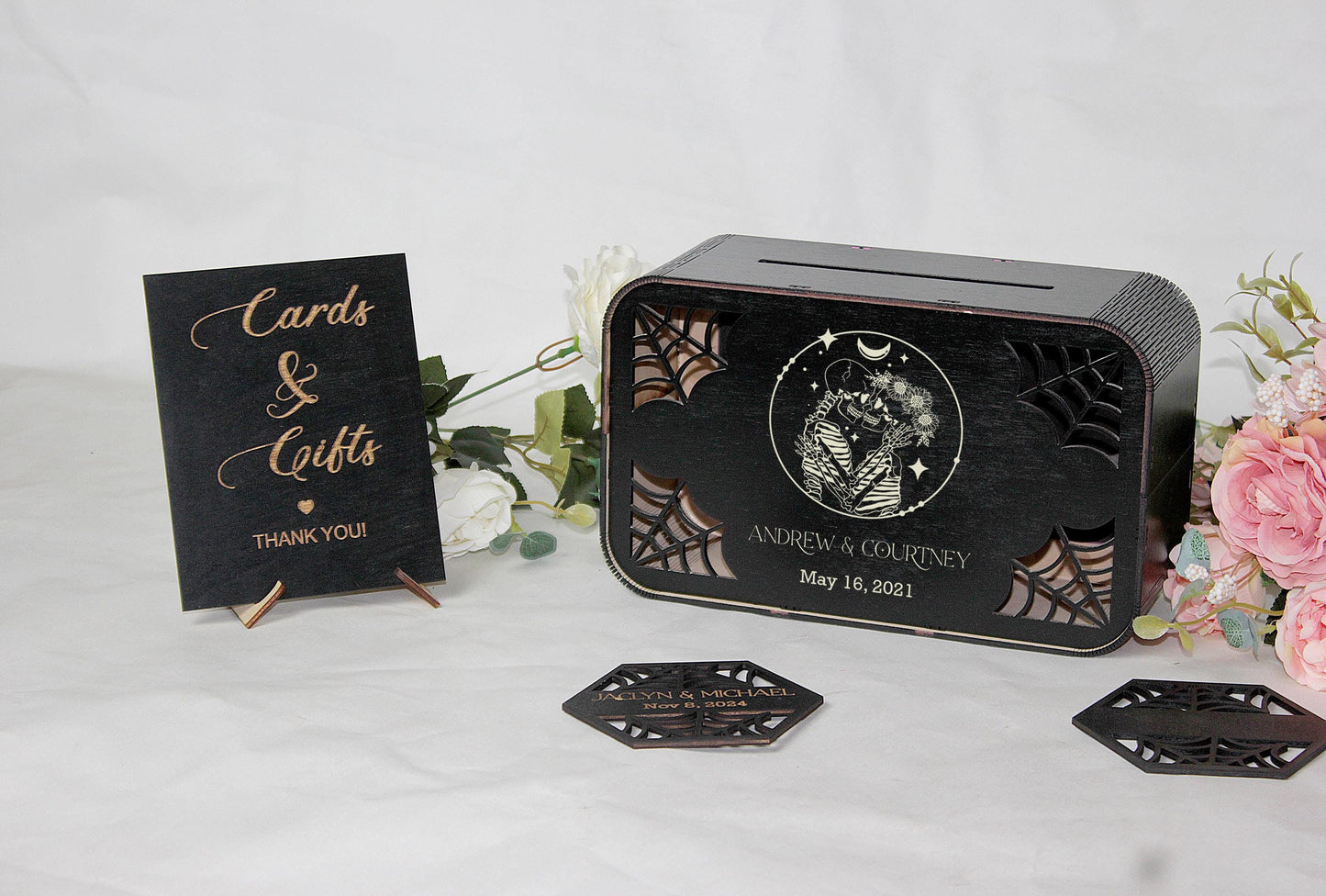 Gothic Wedding Card Box, Memory Box for Cards and Envelopes, Wooden Halloween Decor, Personalized Keepsake Box, Gift for Couple