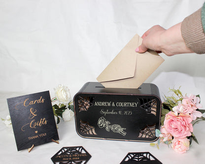 Gothic Wedding Card Box, Memory Box for Cards and Envelopes, Wooden Halloween Decor, Personalized Keepsake Box, Gift for Couple