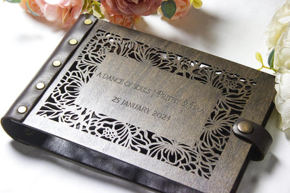 Personalized Wooden Photo Album – Rustic Mountain Guestbook, Engraved Adventure Scrapbook, Wedding Memory Book
