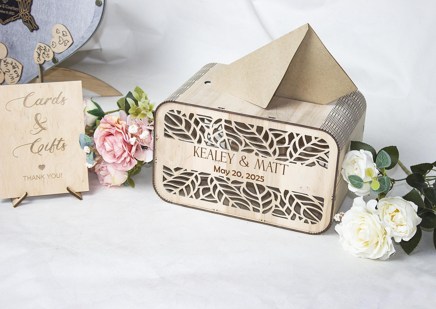Floral Wooden Wedding Card Box, Personalized Keepsake