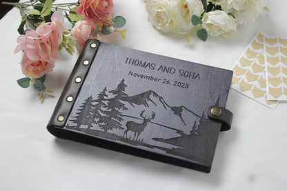Our Travel Scrapbook, Anniversary Couple Gift, Wooden Photo Album with Mountains, Wedding Album, Adventure Book, Photo Guest Book