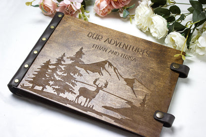 Personalized Wooden Photo Album – Rustic Mountain Guestbook, Engraved Adventure Scrapbook, Wedding Memory Book