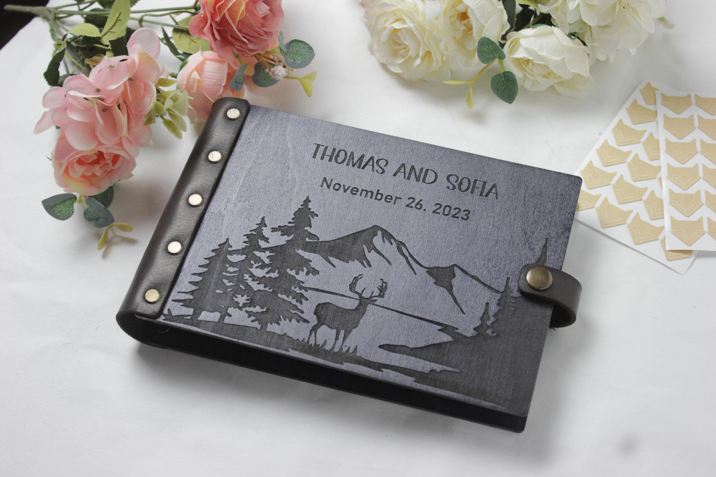 Wooden Wedding Guest Book Mountains, Adventure Rustic GuestBook,  Personalized Bridal Shower, Anniversary Gift