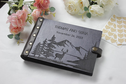 Wooden Wedding Guest Book Mountains, Adventure Rustic GuestBook,  Personalized Bridal Shower, Anniversary Gift