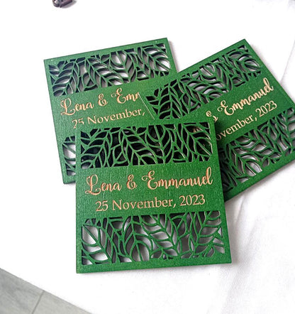Custom Wooden Wedding Coaster Favors, Rustic Leaf Design