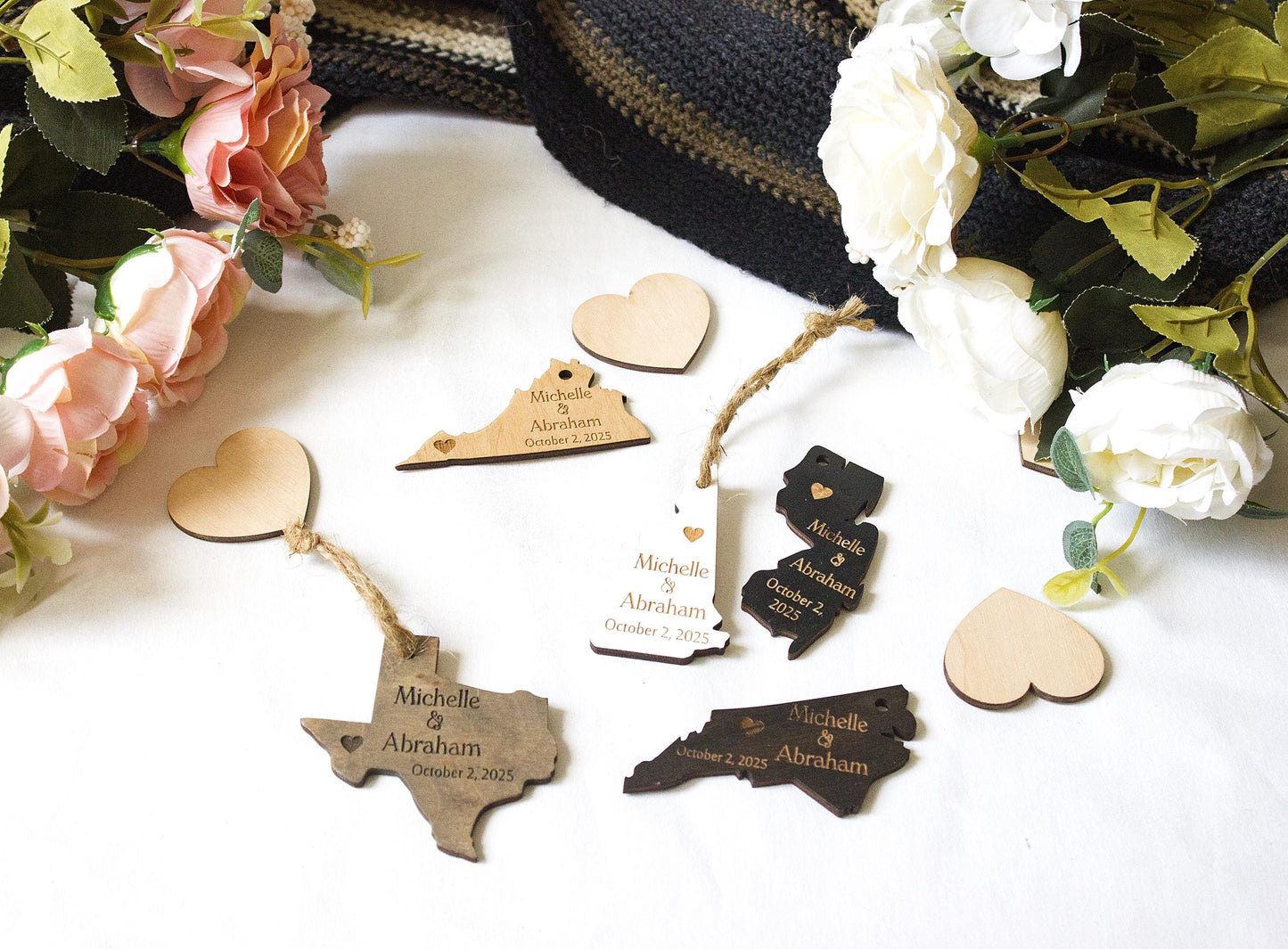 Personalized Wood State Ornament, Rustic Wedding Favor or Magnet