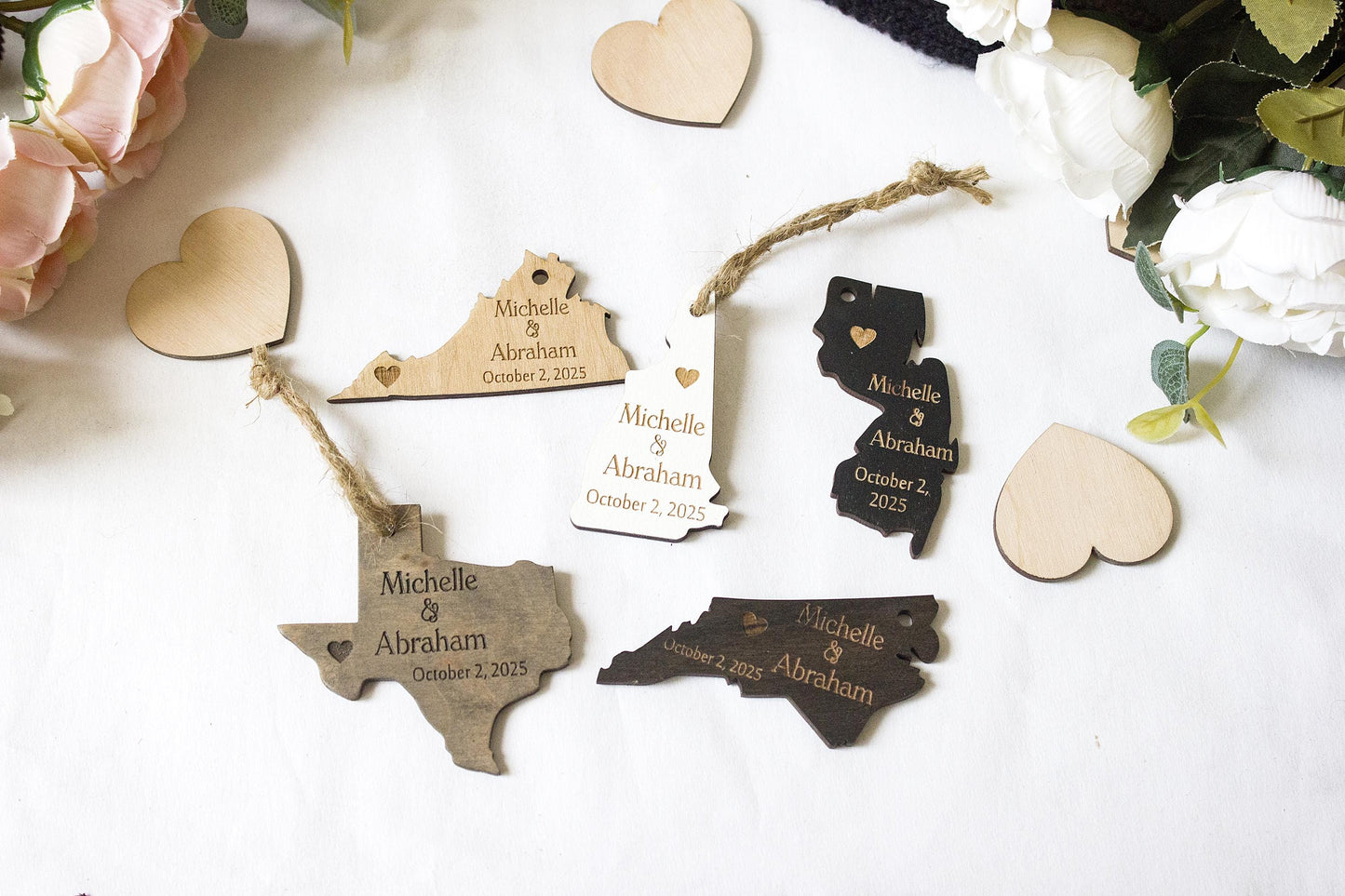 Personalized Wood State Ornament, Rustic Wedding Favor or Magnet
