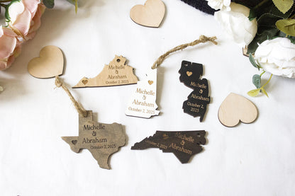 Personalized Wood State Ornament, Rustic Wedding Favor or Magnet
