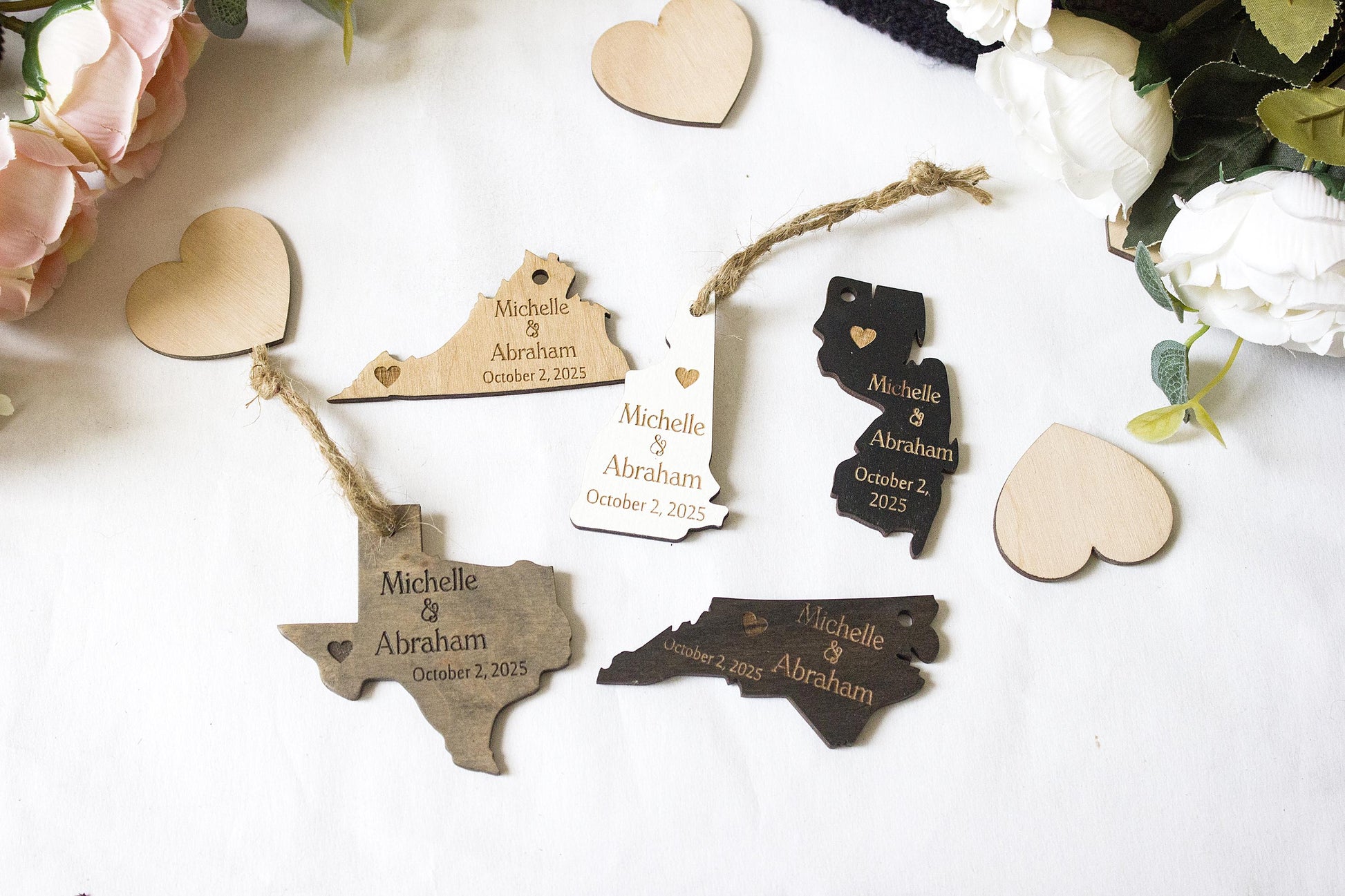 Personalized Wooden State Ornament: Rustic Wedding Favor, USA Keepsake