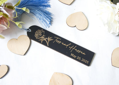 Custom Wooden Bookmarks in Bulk, Black Personalized Floral Bookmark, Personalized Wedding Guest Favor Gift, Engraved Bookmark