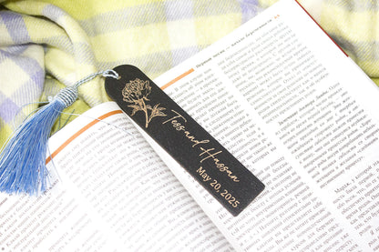 Floral Engraved Wooden Bookmark, Personalized Wedding Favor with Tassel