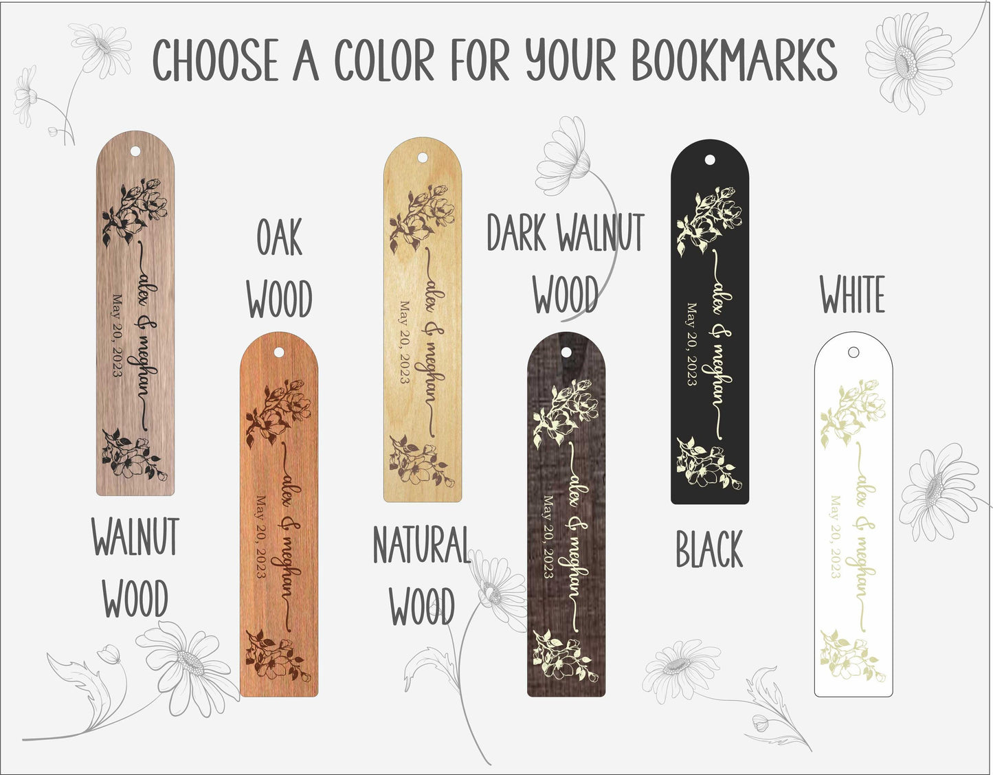 Custom Wooden Bookmarks in Bulk, Black Personalized Floral Bookmark, Personalized Wedding Guest Favor Gift, Engraved Bookmark