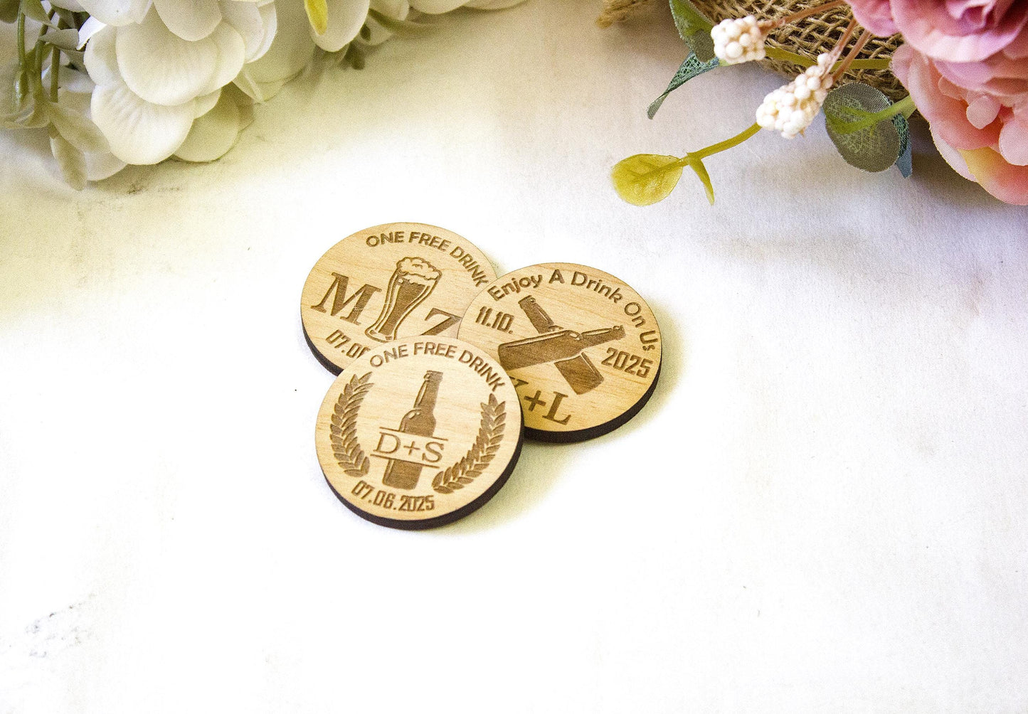 Engraved Wooden Wedding Drink Tokens, Custom Bar Favors