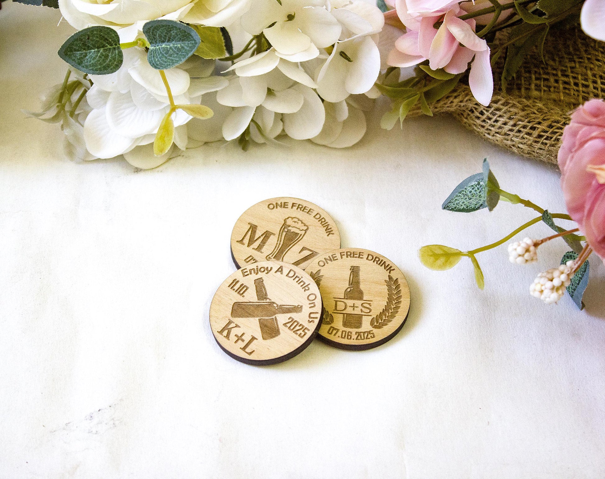 Engraved Wooden Wedding Drink Tokens, Custom Bar Favors