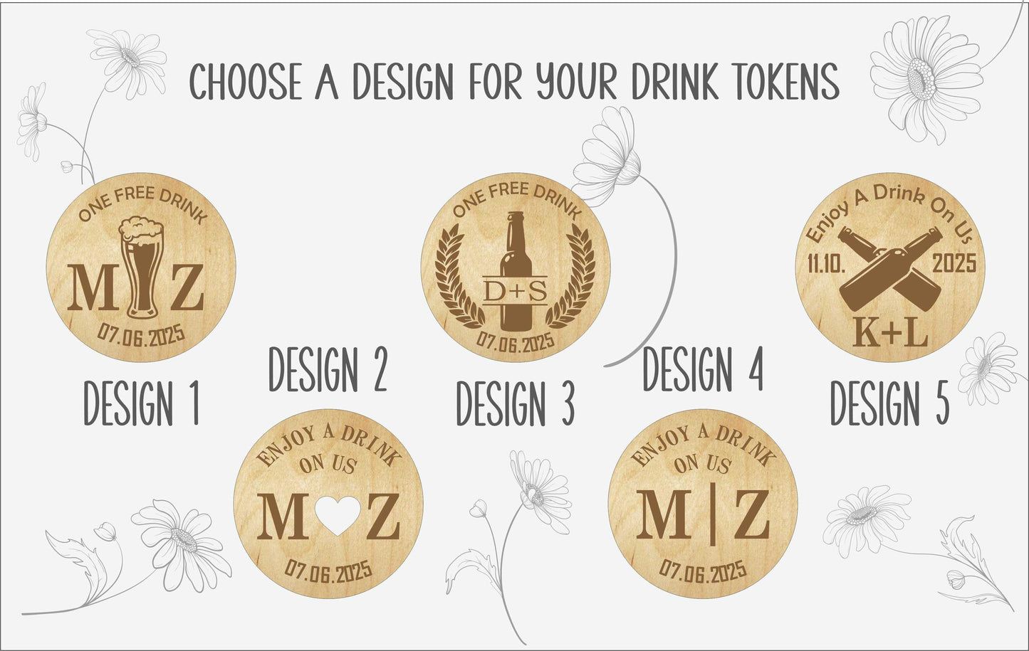 Personalized Wooden Drink Tokens: Engraved Wedding Bar Chips