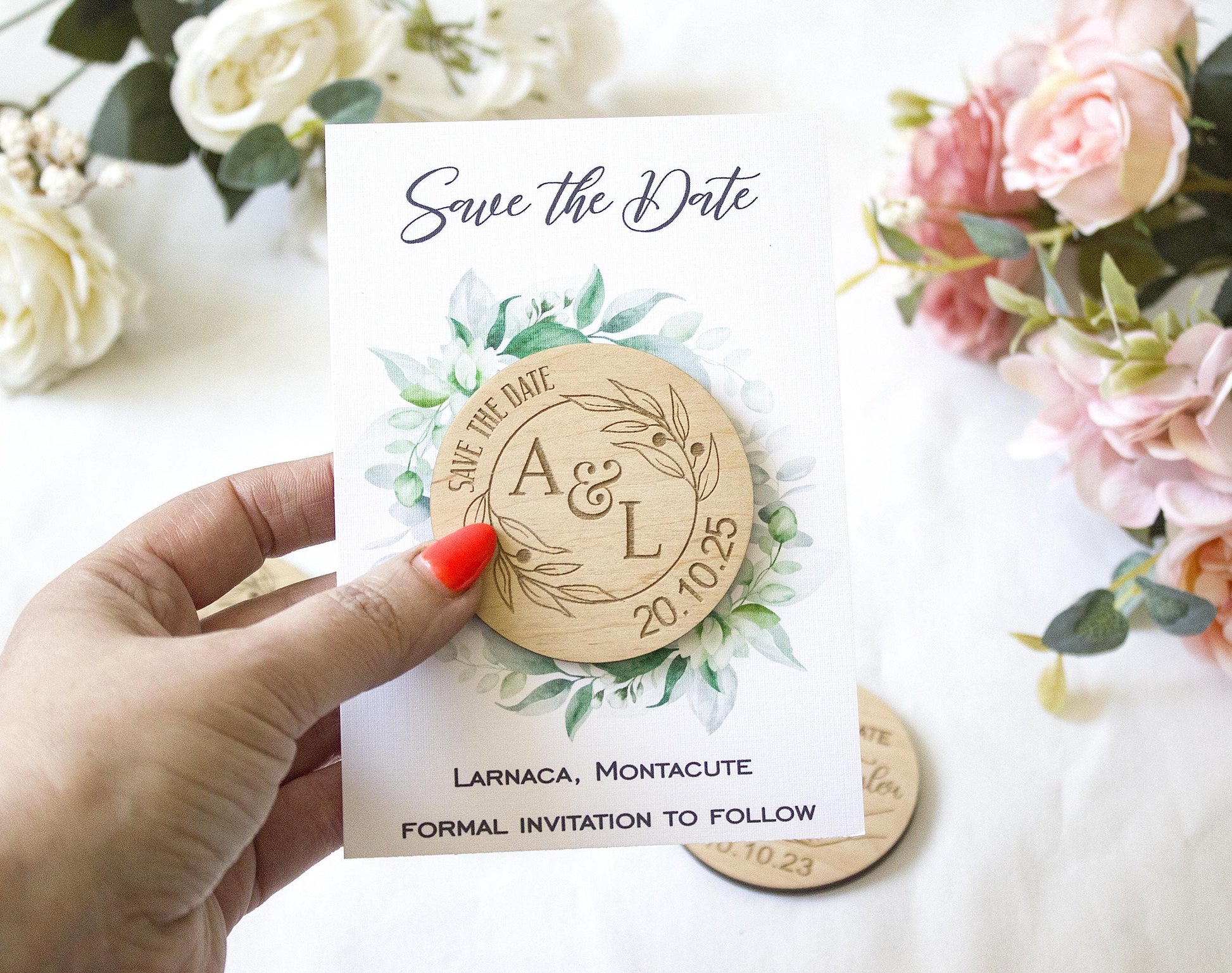 Personalized Save the Date Magnet, Wooden Wedding Invitation, Rustic Eco-Friendly Wedding Favor, Custom Magnet With Logo