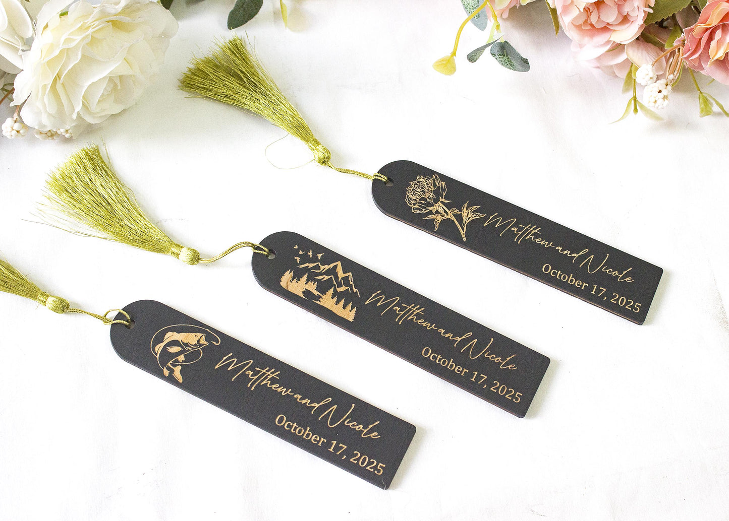 Floral Engraved Wooden Bookmark, Personalized Wedding Favor with Tassel