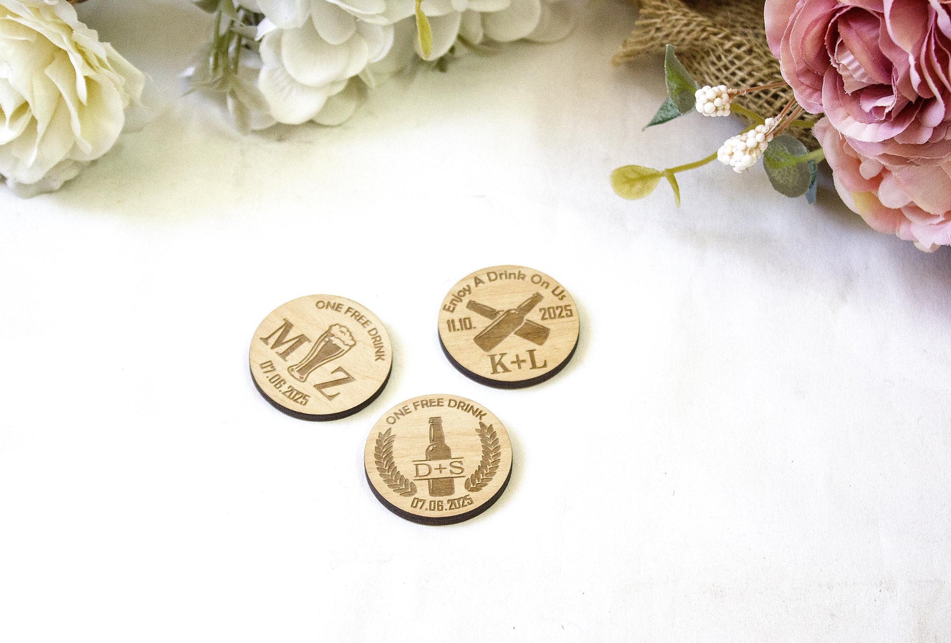 Personalized Wooden Drink Tokens: Engraved Wedding Bar Chips