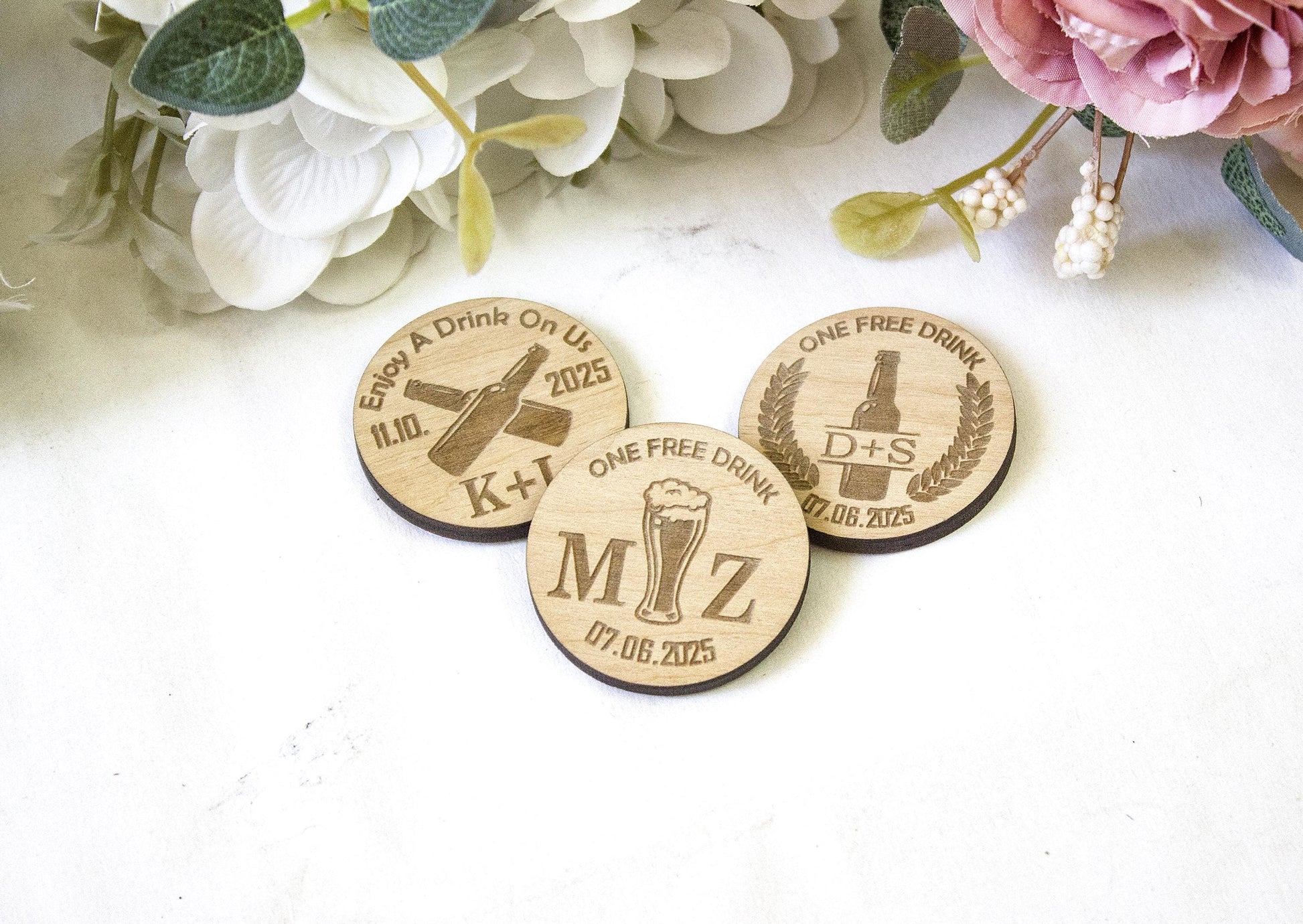Engraved Wooden Wedding Drink Tokens, Custom Bar Favors
