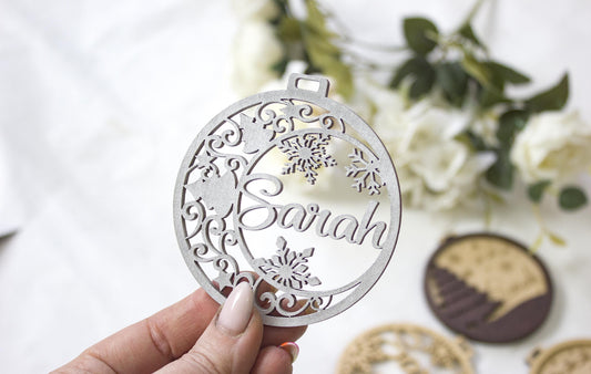 Personalized Wooden Christmas Ornament, Laser-Cut Name Bauble, Rustic Holiday Decor Gift, Christmas name tags, Wood Xmas decor