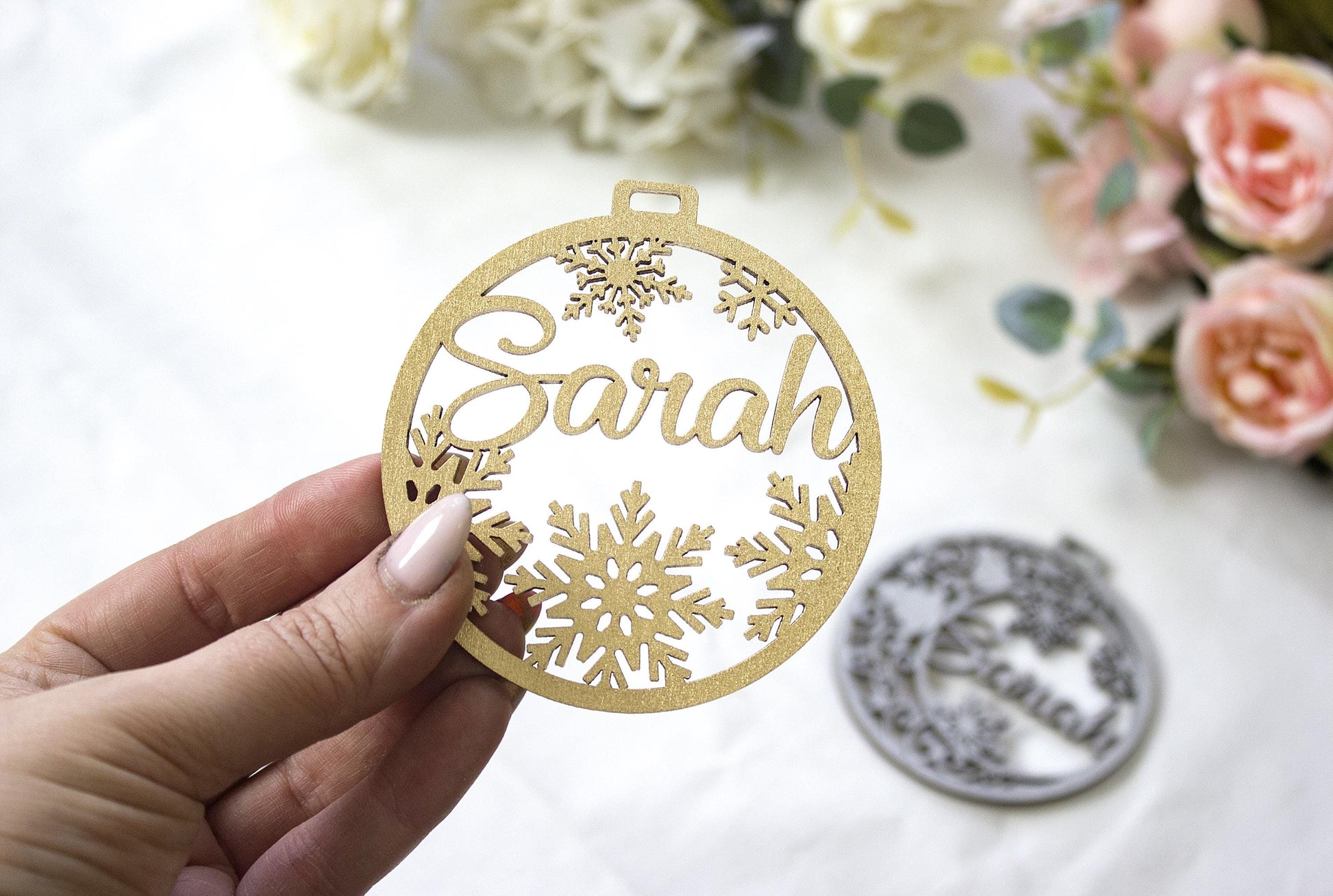 Personalized Wooden Christmas Ornament, Laser-Cut Name Bauble