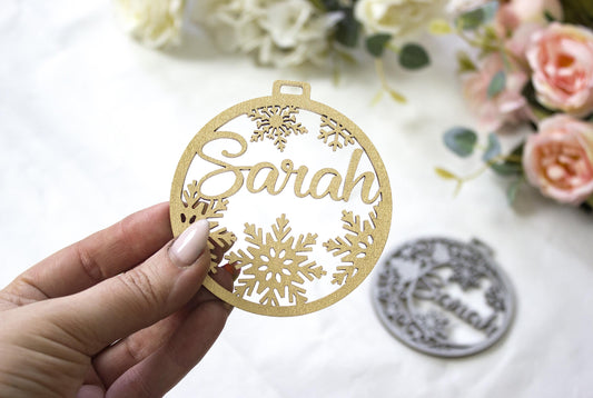 Personalized Wooden Christmas Ornament, Laser-Cut Name Bauble