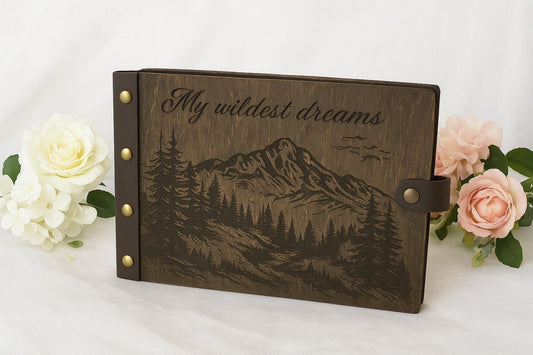 Personalized Wooden Photo Album – Rustic Mountain Guestbook, Engraved Adventure Scrapbook, Wedding Memory Book