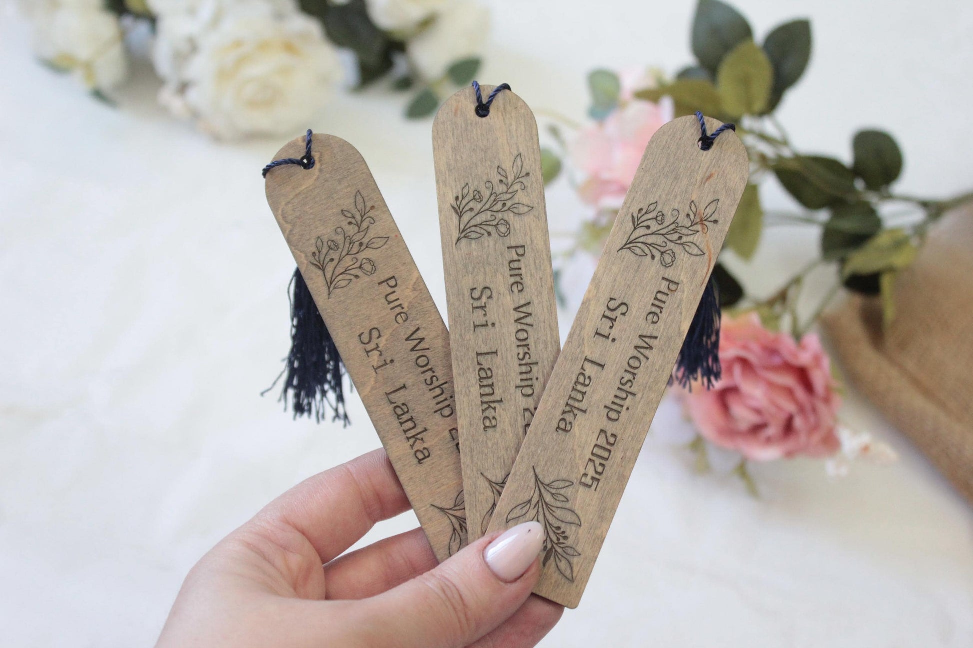 Personalized Wooden Bookmark, Floral Engraved Wedding Favor