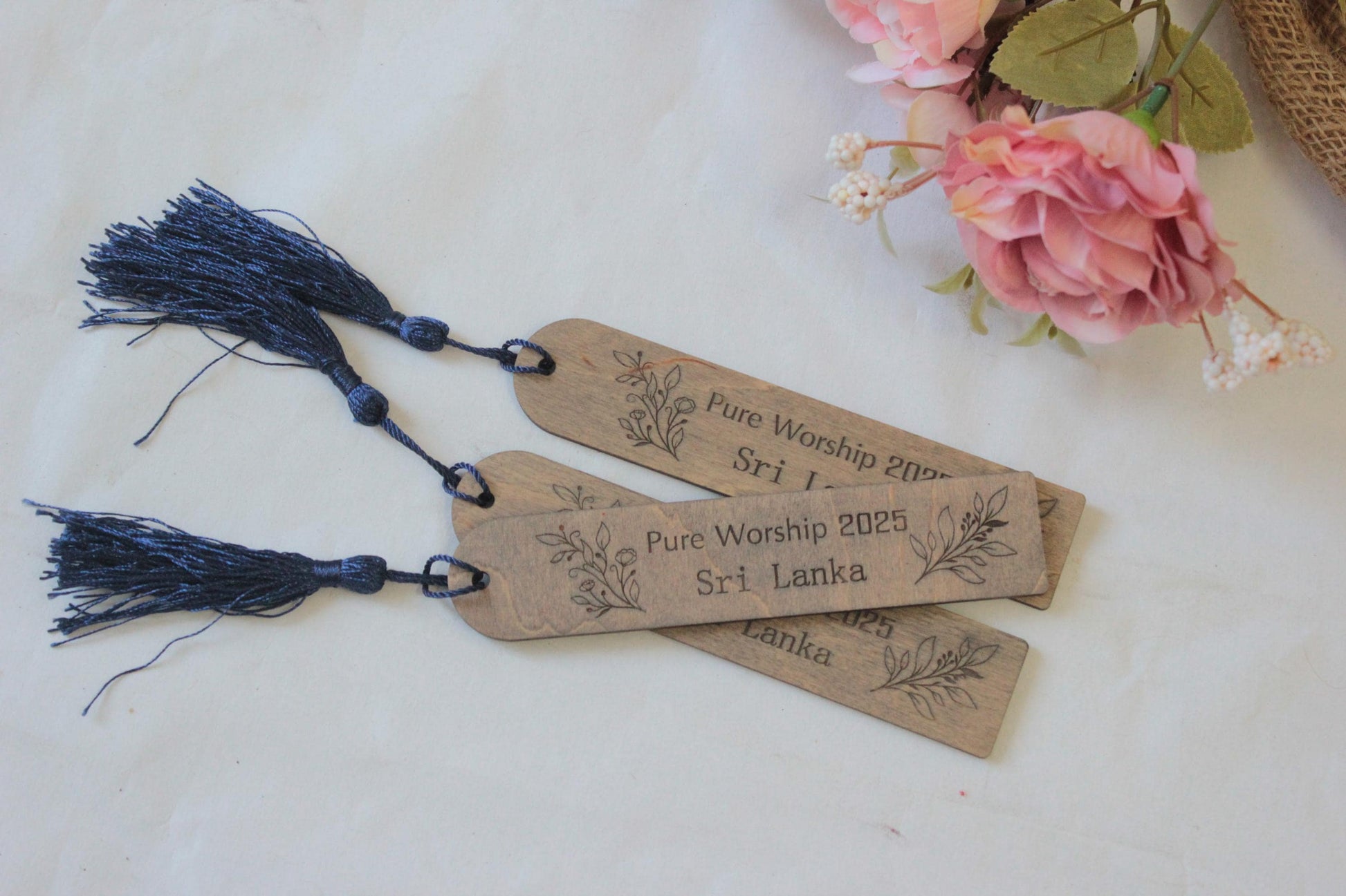Personalized Wooden Bookmark, Floral Engraved Wedding Favor