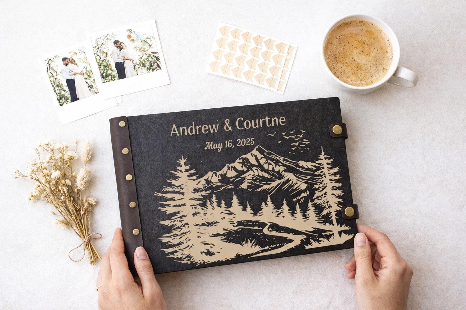 Personalized Wooden Photo Album: Our Adventure Scrapbook, Wedding Guest Book