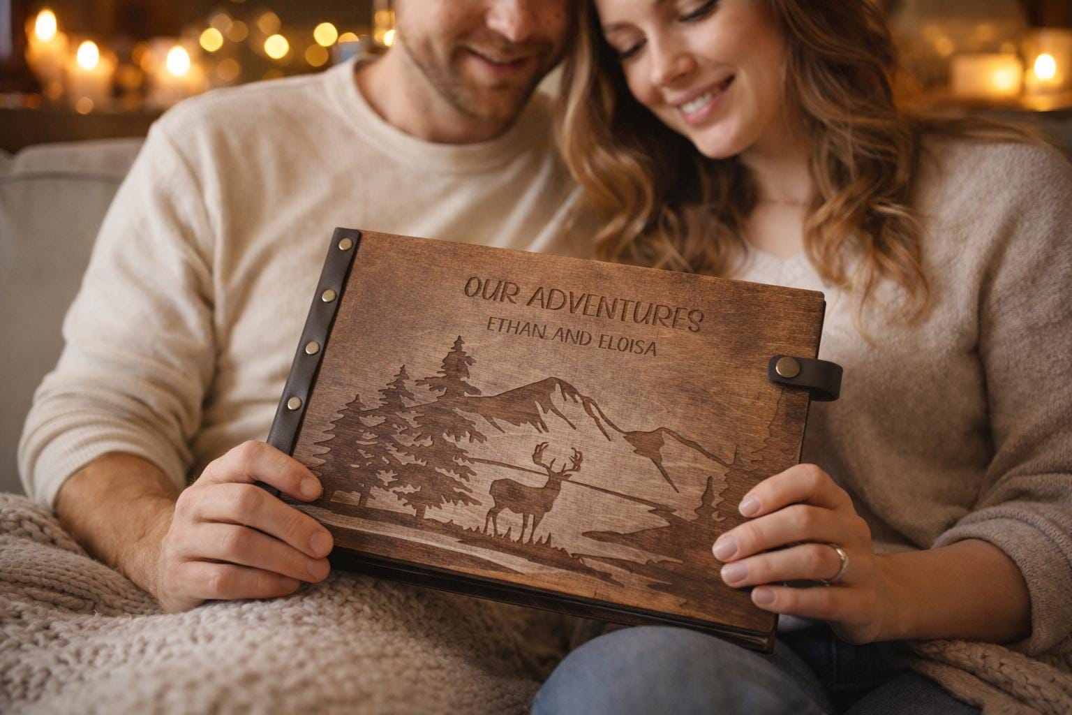 Personalized Wooden Photo Album, Our Adventure Book, Wedding Scrapbook Gift for Couple, Travel Memory Album